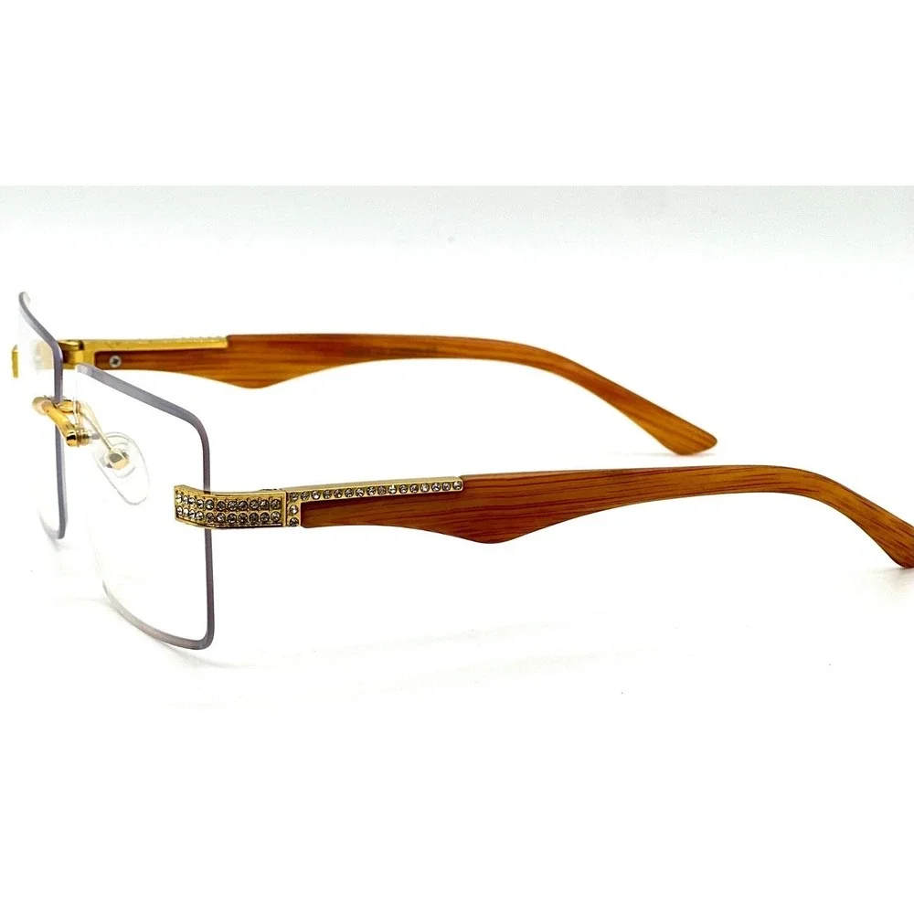 Rimless‎ Rectangle Hip Hop Sunglasses Wood Grain Arms Rhinestone Accents Men New